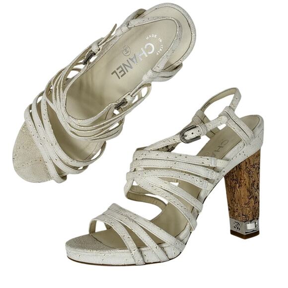 Chanel Suede Block Cork Heel Chain Link CC Detail Strappy Sandals white size 39 - Picture 1 of 13